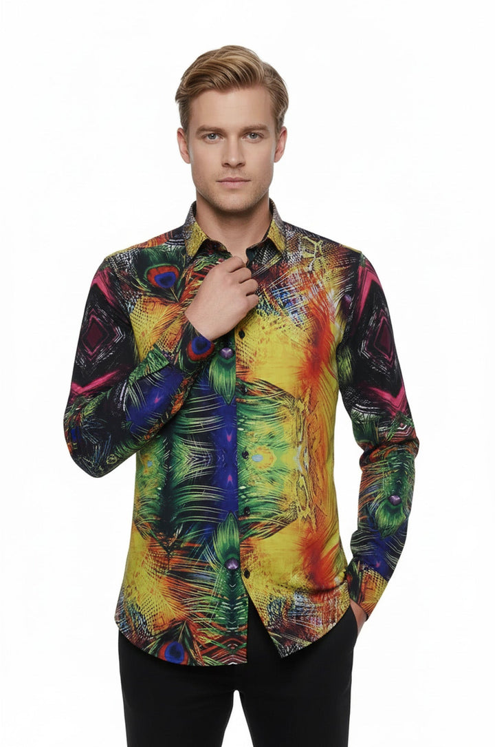 WSS Peacock Pattern Long Sleeves Multicolor Men Shirt  - Saronno