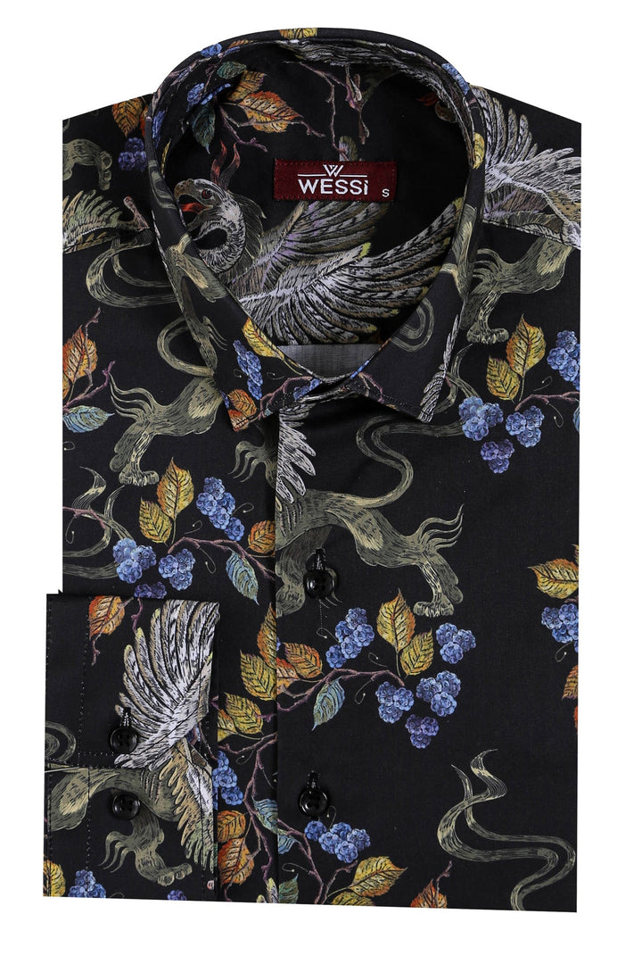 WSS Patterned Slim Fit Long Sleeves Black Men Shirt  - Medgidia