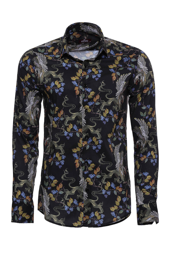 WSS Patterned Slim Fit Long Sleeves Black Men Shirt  - Medgidia