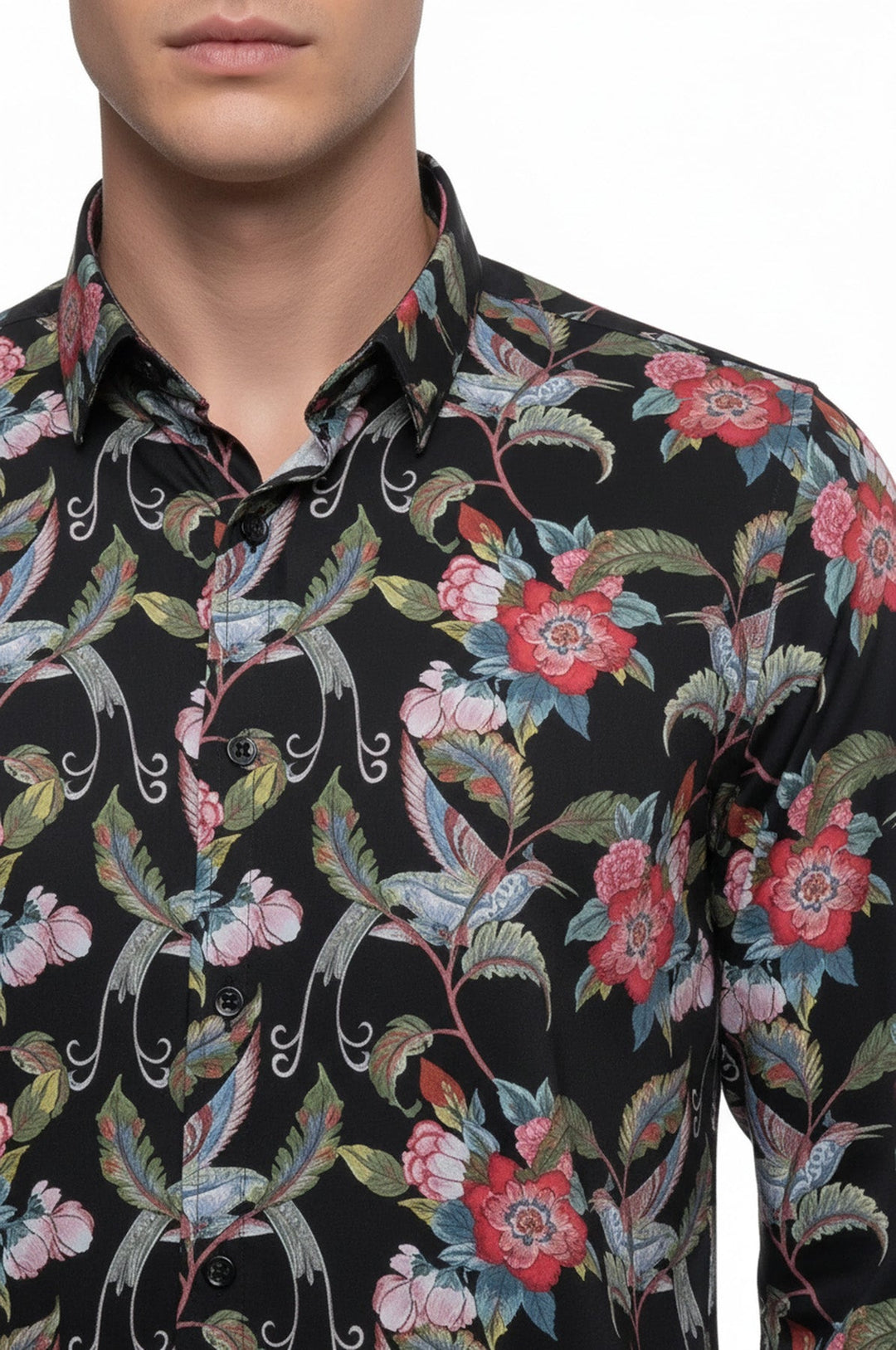 WSS Hummingbird And Floral Patterned Long Sleeves Black Men Shirt  - Lyon