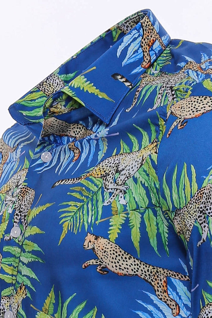 WSS Tiger Patterned Slim Fit Long Sleeves Blue Men Shirt  - Singen