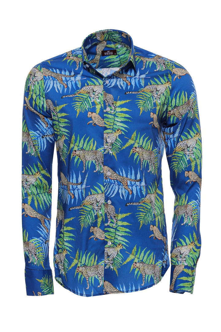 WSS Tiger Patterned Slim Fit Long Sleeves Blue Men Shirt  - Singen