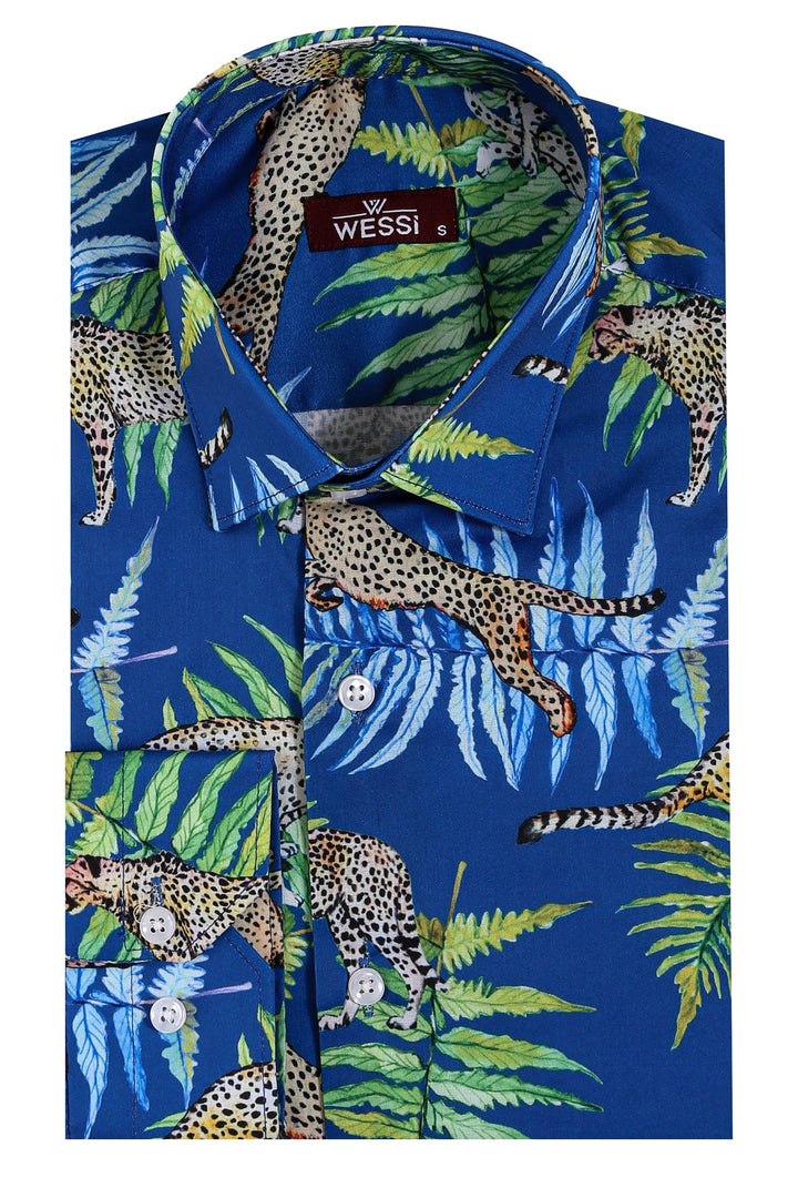 WSS Tiger Patterned Slim Fit Long Sleeves Blue Men Shirt  - Singen