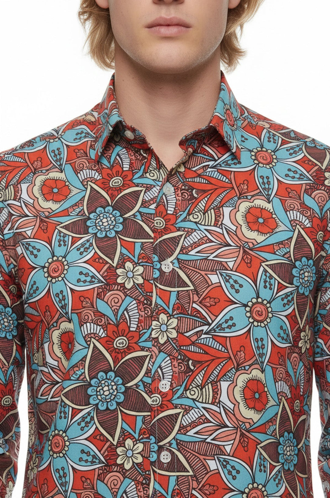 WSS Blue Floral Slim-Fit Long Sleeve Red Men Shirt  - Cupertino