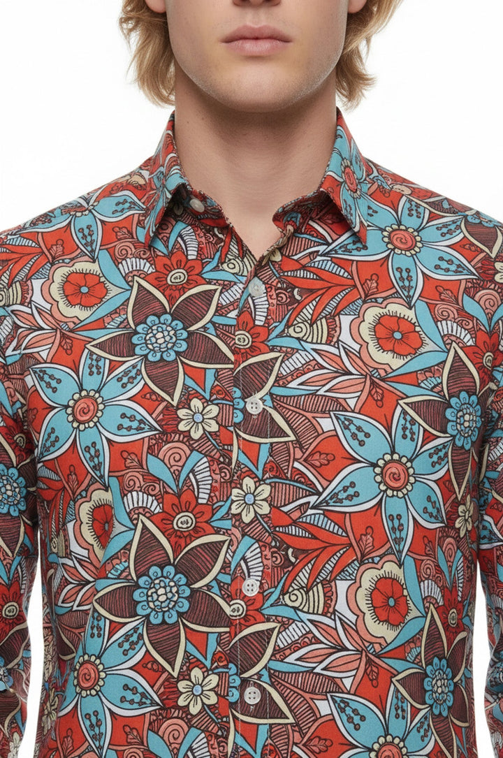 WSS Blue Floral Slim-Fit Long Sleeve Red Men Shirt  - Cupertino
