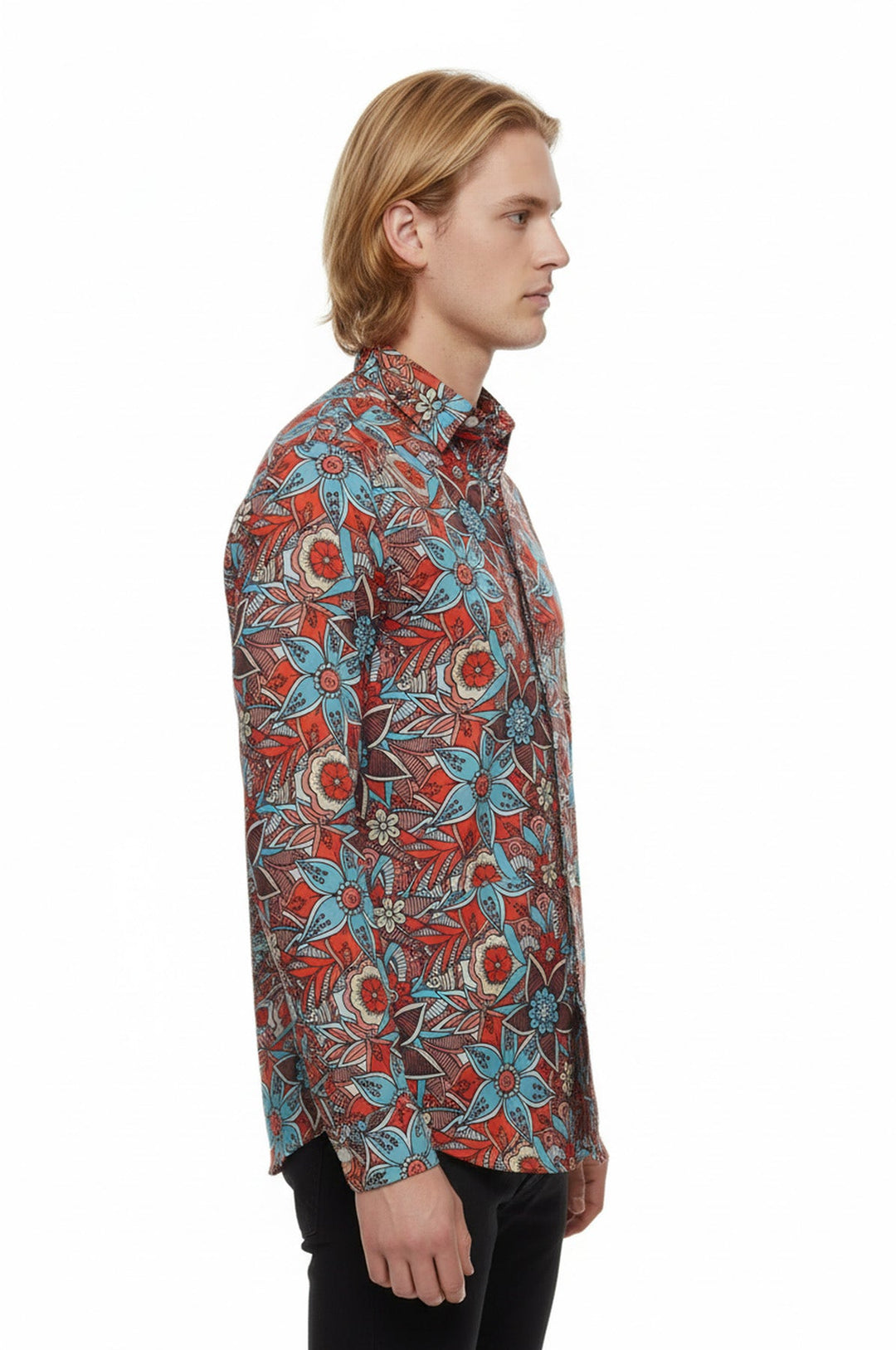 WSS Blue Floral Slim-Fit Long Sleeve Red Men Shirt  - Cupertino