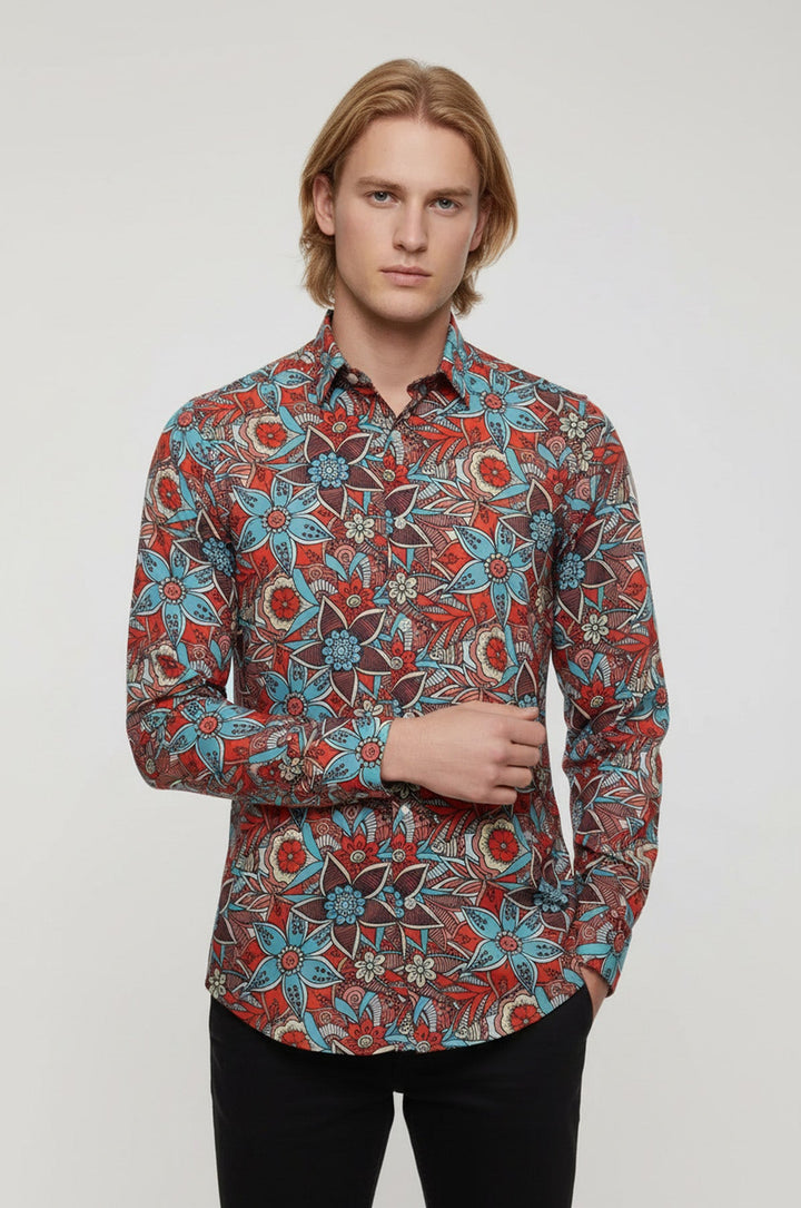 WSS Blue Floral Slim-Fit Long Sleeve Red Men Shirt  - Cupertino