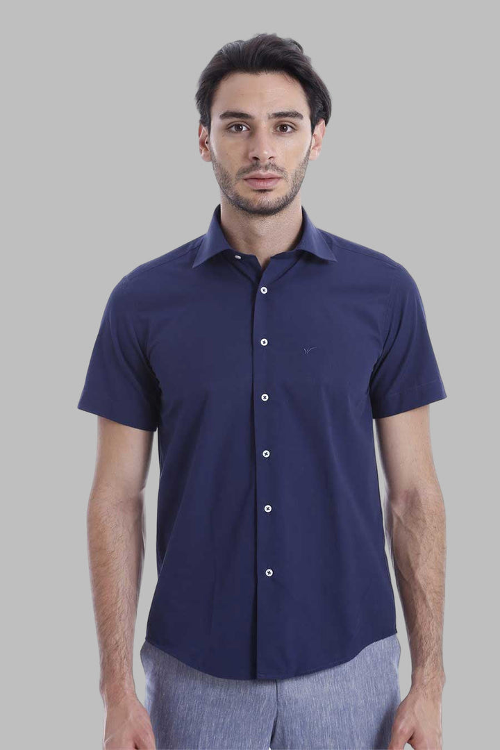 WSS Short Sleeve Poly Cotton Slim Fit Navy Blue Men Shirt  - Cedar Park