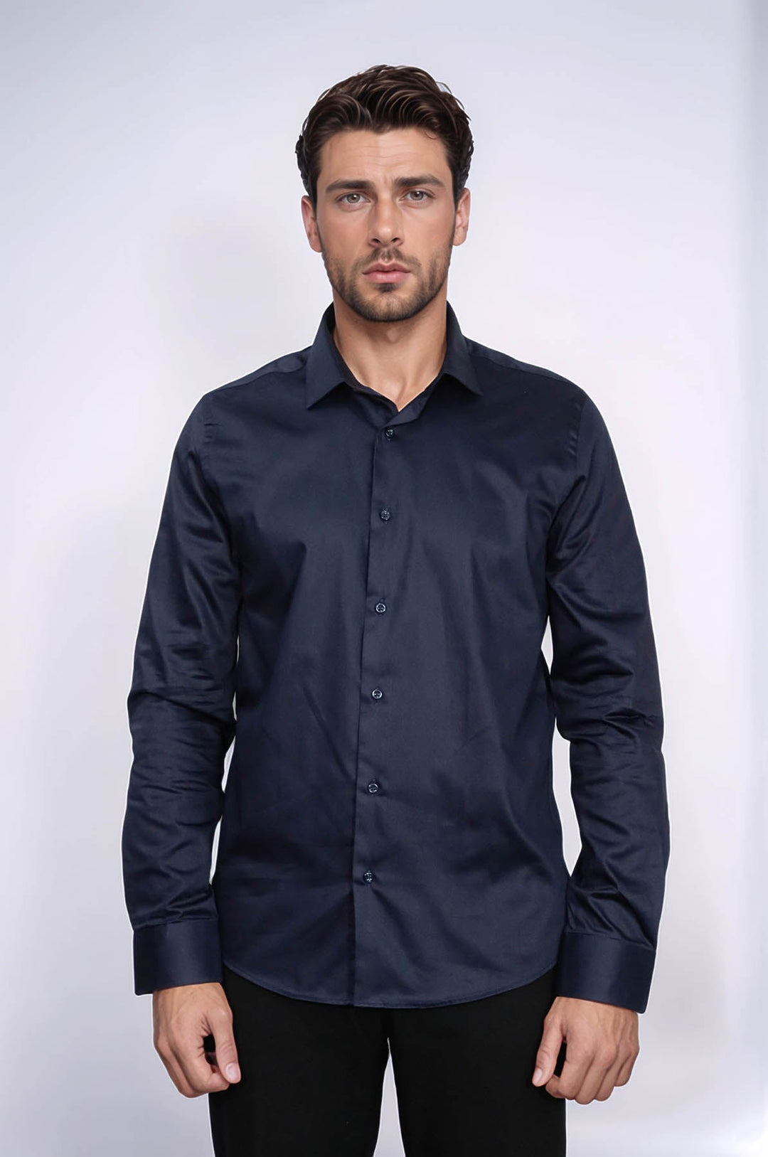 WSS Cotton Satin Slim Fit Long Sleeves Plain Navy Blue Men Shirt  - Ragusa