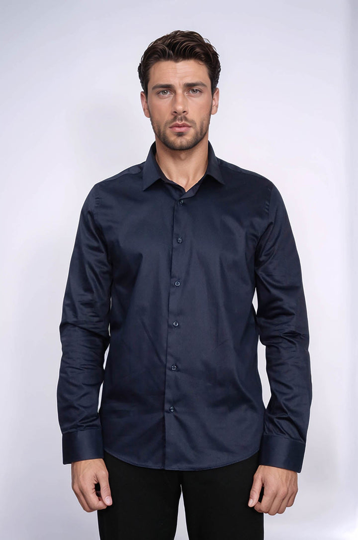 WSS Cotton Satin Slim Fit Long Sleeves Plain Navy Blue Men Shirt  - Ragusa