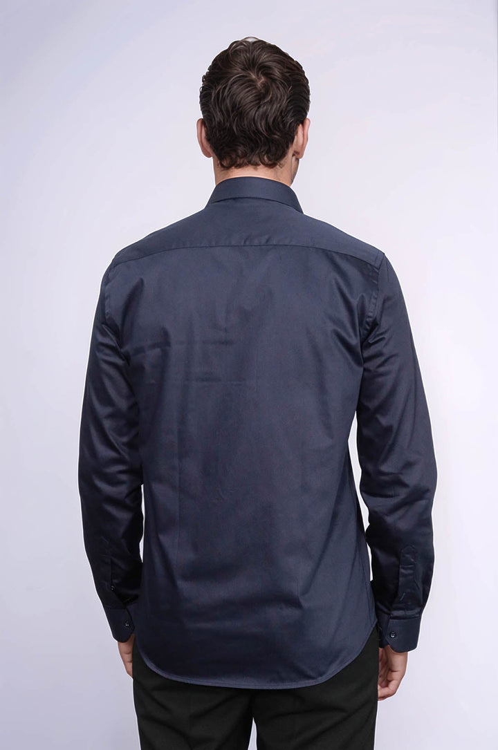 WSS Cotton Satin Slim Fit Long Sleeves Plain Navy Blue Men Shirt  - Ragusa
