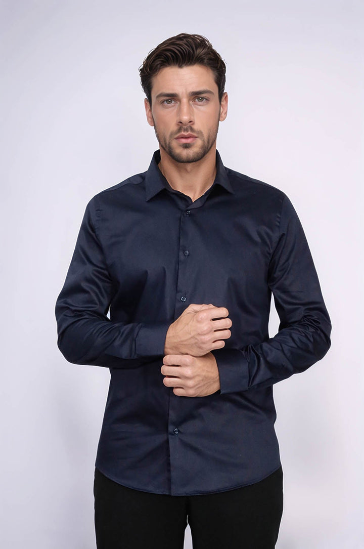 WSS Cotton Satin Slim Fit Long Sleeves Plain Navy Blue Men Shirt  - Ragusa