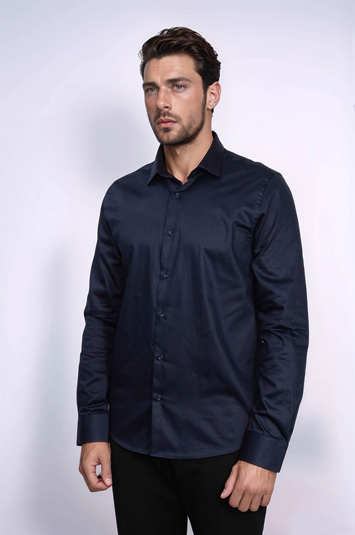 WSS Cotton Satin Slim Fit Long Sleeves Plain Navy Blue Men Shirt  - Ragusa