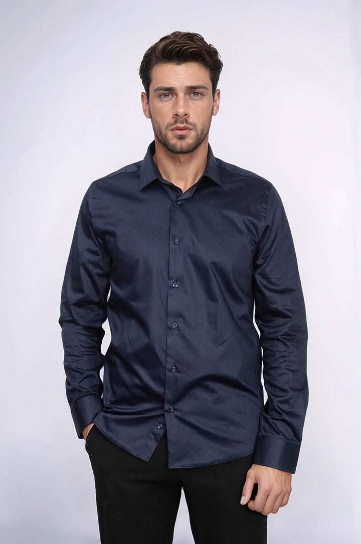 WSS Cotton Satin Slim Fit Long Sleeves Plain Navy Blue Men Shirt  - Ragusa
