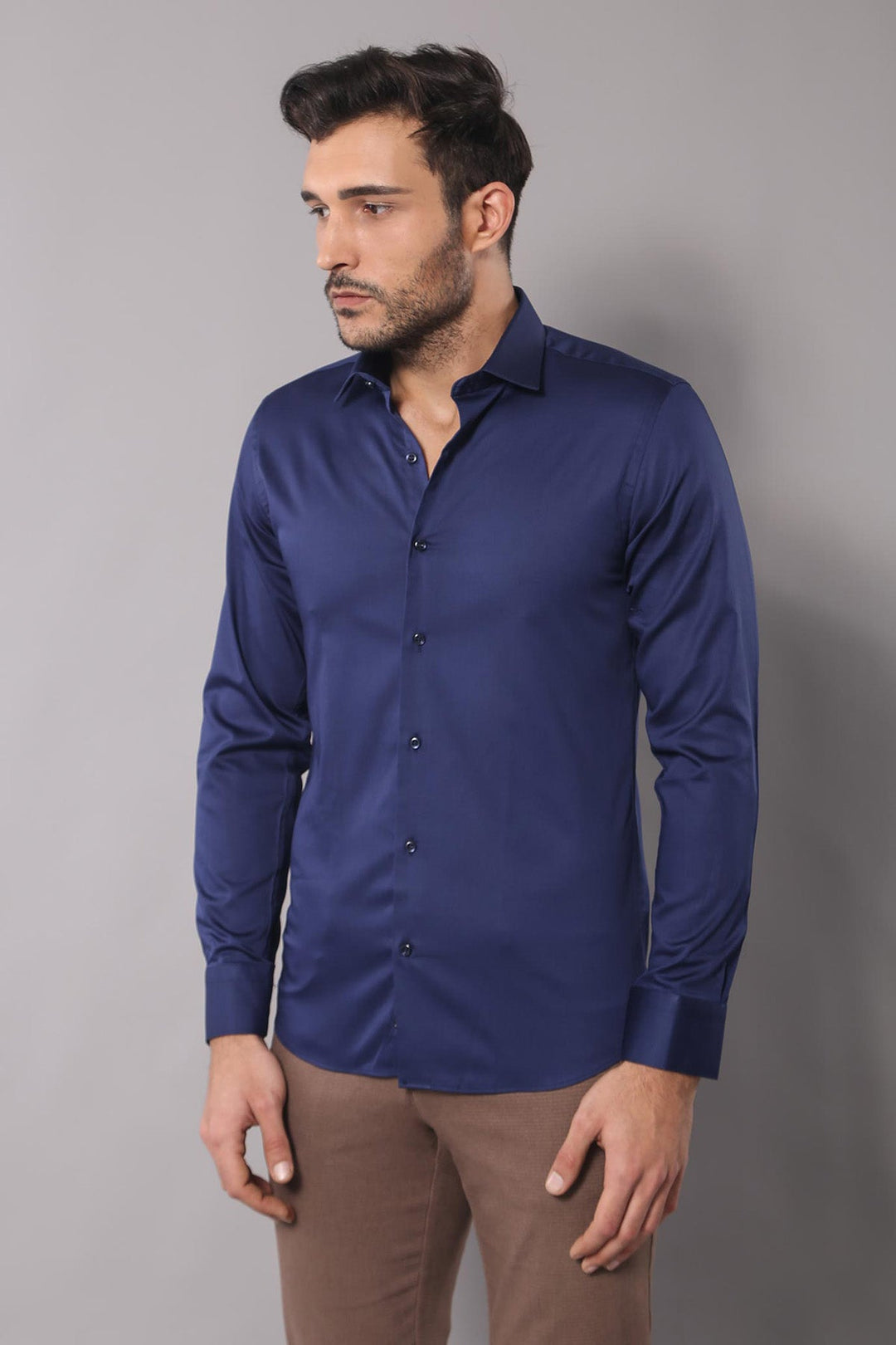 WSS Cotton Satin Slim Fit Navy Blue Men Shirt  - Monopoli