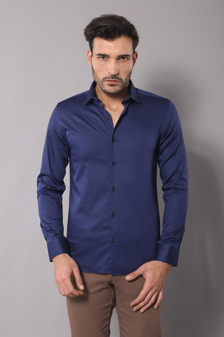 WSS Cotton Satin Slim Fit Navy Blue Men Shirt  - Monopoli
