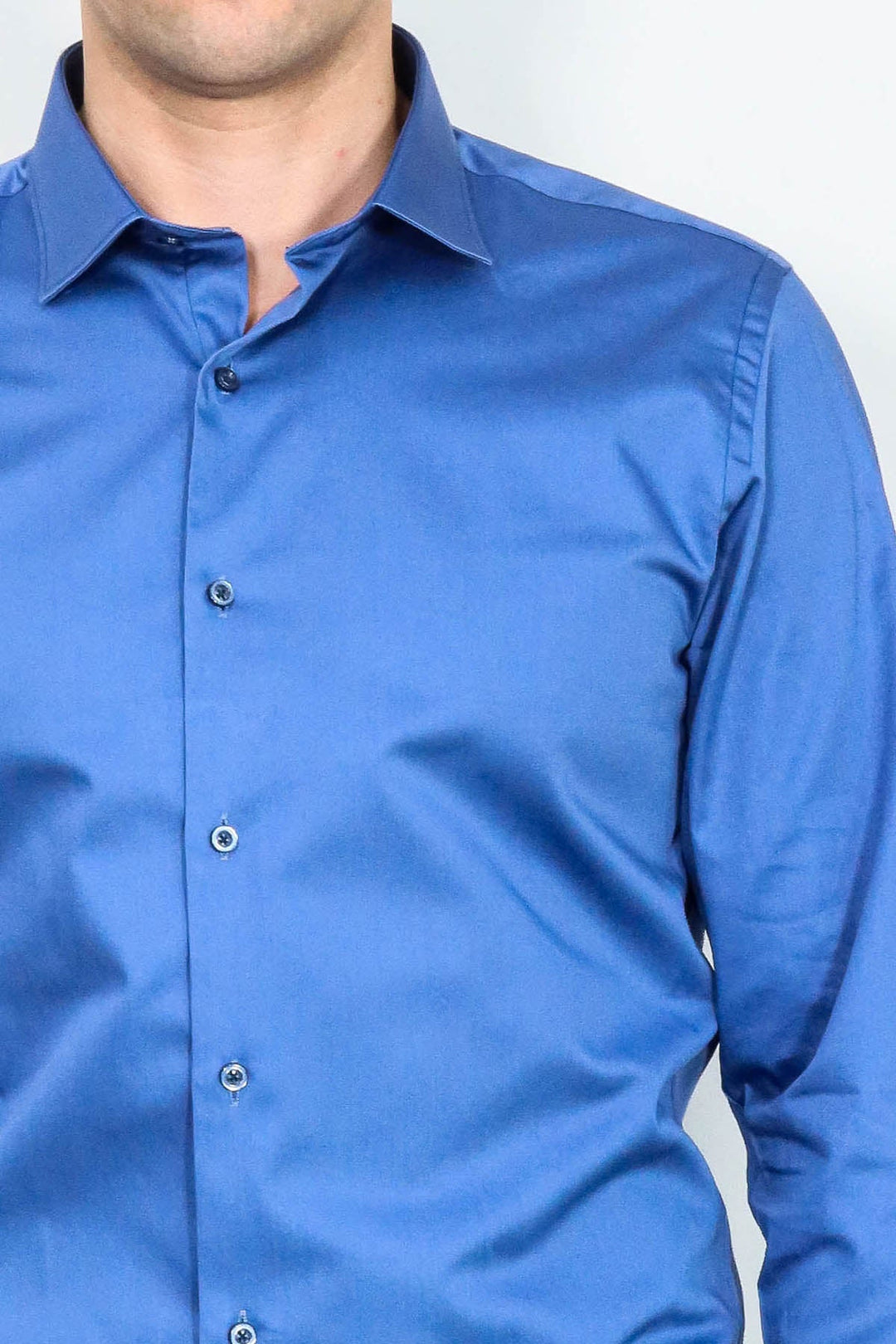 WSS Cotton Satin Plain Long Sleeves Slim Fit Blue Men Shirt  - Sandy Springs