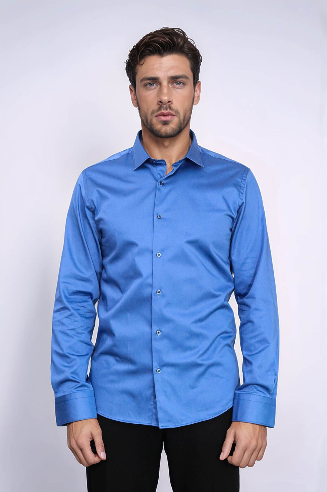 WSS Cotton Satin Plain Long Sleeves Slim Fit Blue Men Shirt  - Sandy Springs