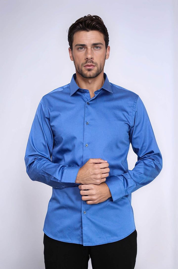 WSS Cotton Satin Plain Long Sleeves Slim Fit Blue Men Shirt  - Sandy Springs