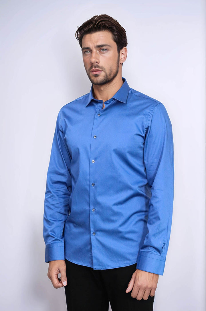 WSS Cotton Satin Plain Long Sleeves Slim Fit Blue Men Shirt  - Sandy Springs