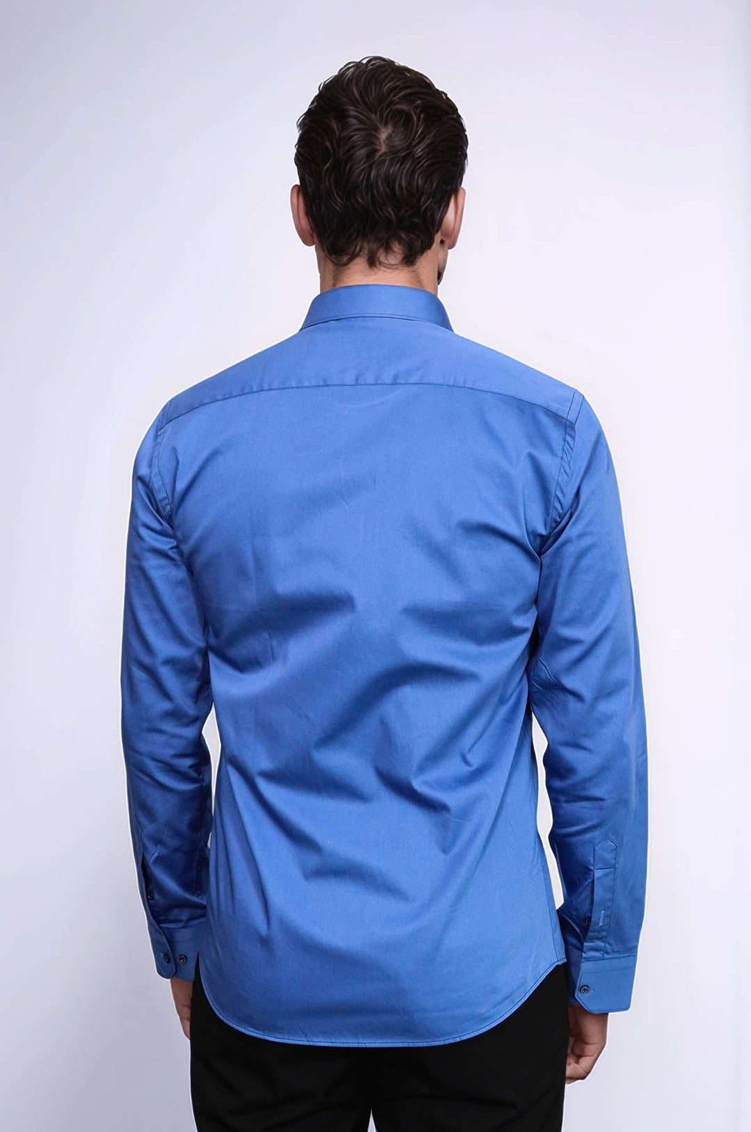 WSS Cotton Satin Plain Long Sleeves Slim Fit Blue Men Shirt  - Sandy Springs
