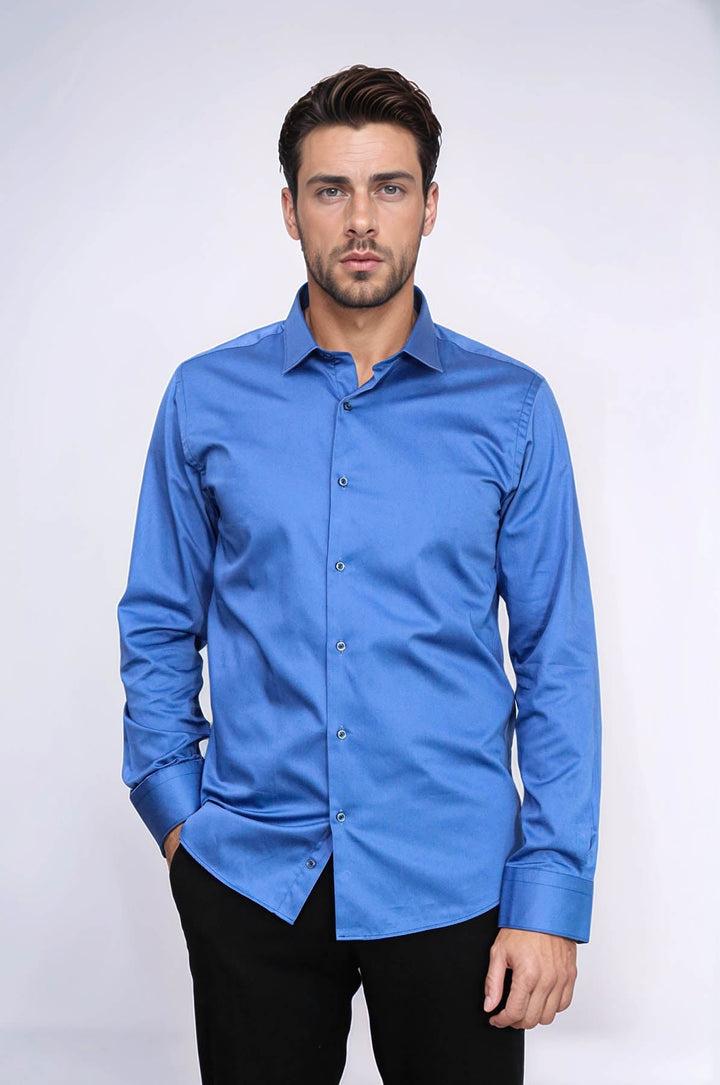 WSS Cotton Satin Plain Long Sleeves Slim Fit Blue Men Shirt  - Sandy Springs