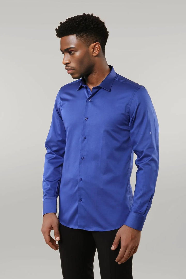 WSS Cotton Satin Slim Fit Blue Men Shirt  - Singen
