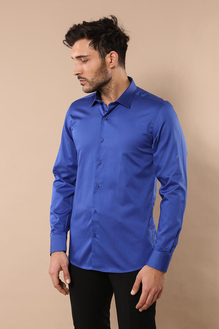 WSS Cotton Satin Slim Fit Blue Men Shirt  - Macon