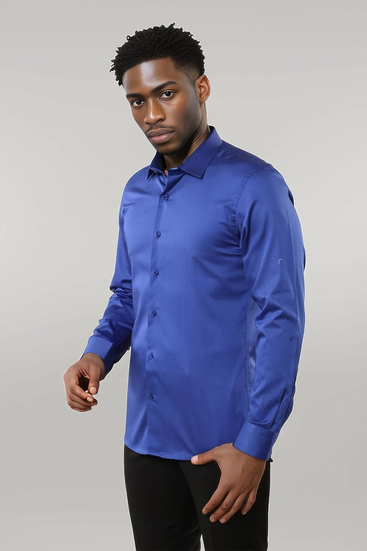 WSS Cotton Satin Slim Fit Blue Men Shirt  - Singen