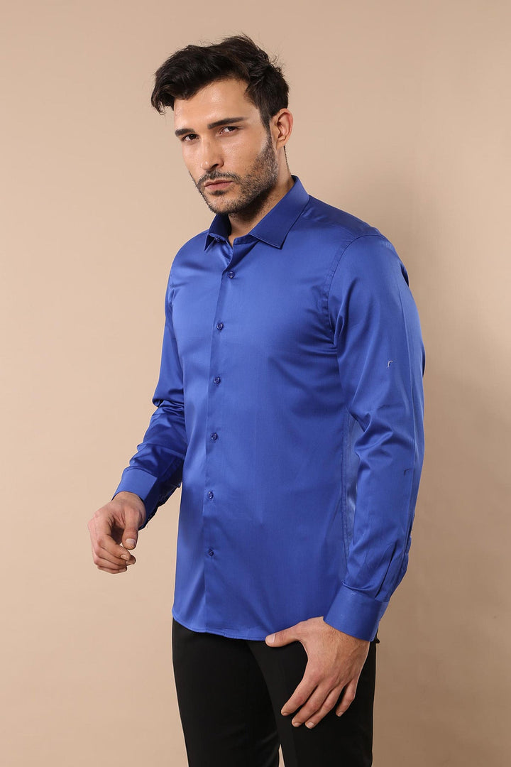 WSS Cotton Satin Slim Fit Blue Men Shirt  - Macon