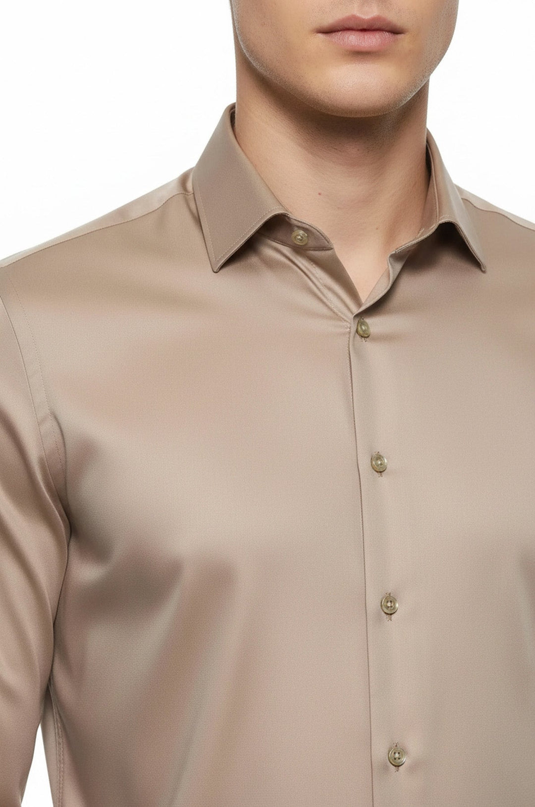 WSS Cotton Satin Plain Long Sleeves Slim Fit Beige Men Shirt  - Moore