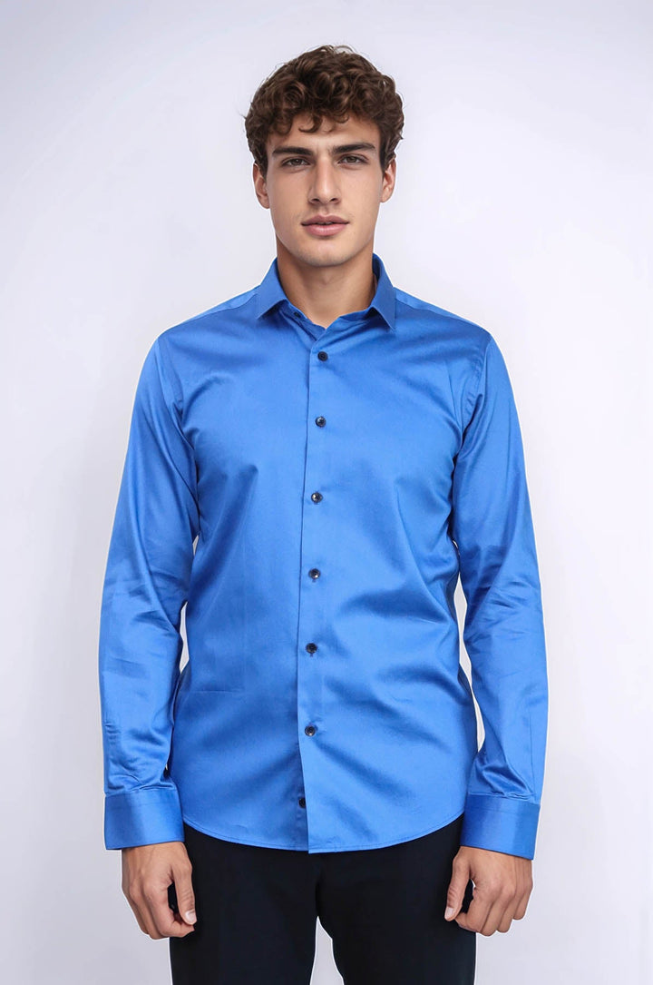 WSS Cotton Satin Slim Fit Blue Men Shirt  - Lewiston