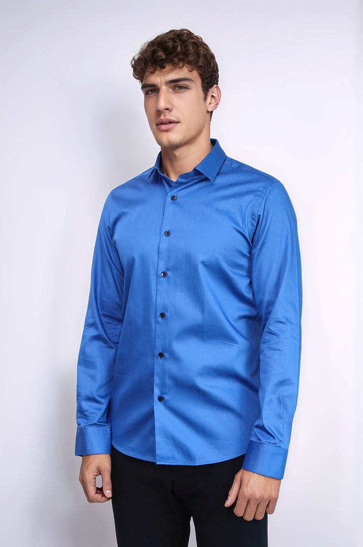 WSS Cotton Satin Slim Fit Blue Men Shirt  - Lewiston