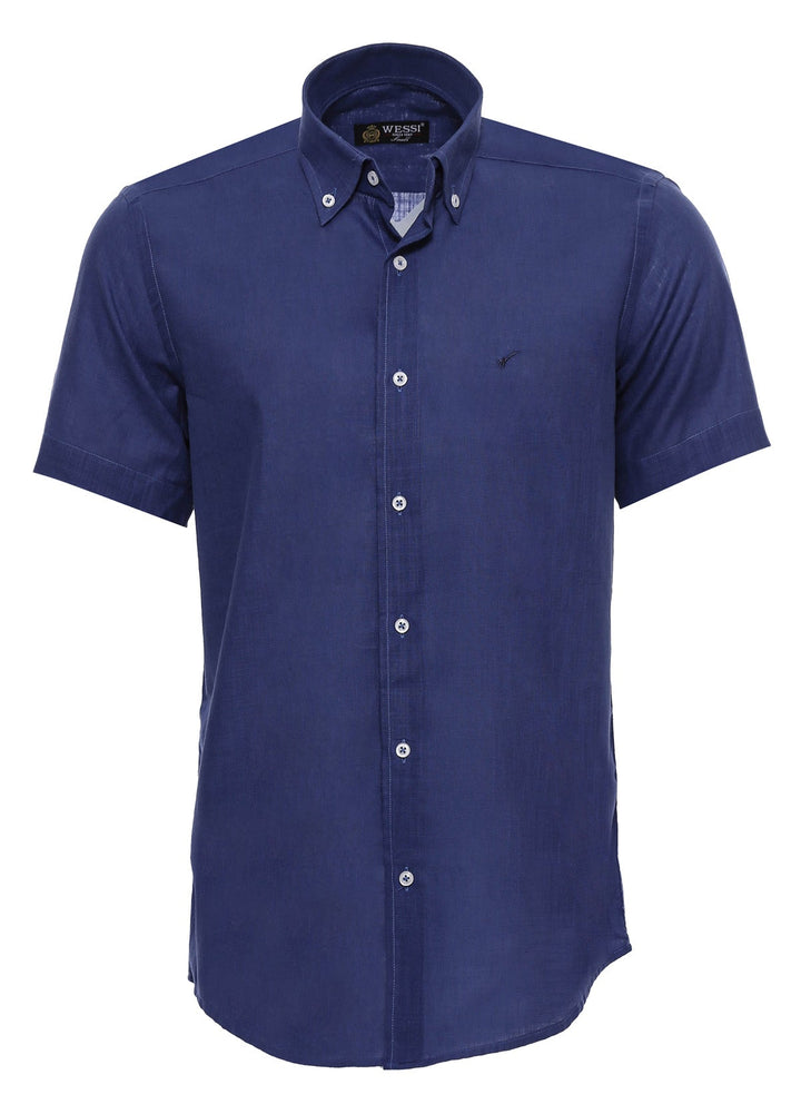 WSS Linen Blend Short Sleeves Navy Blue Men Shirt  - Singen