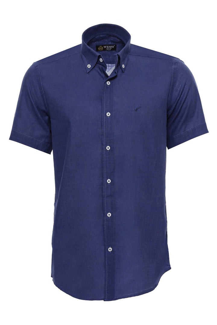 WSS Linen Blend Short Sleeves Navy Blue Men Shirt  - Layton