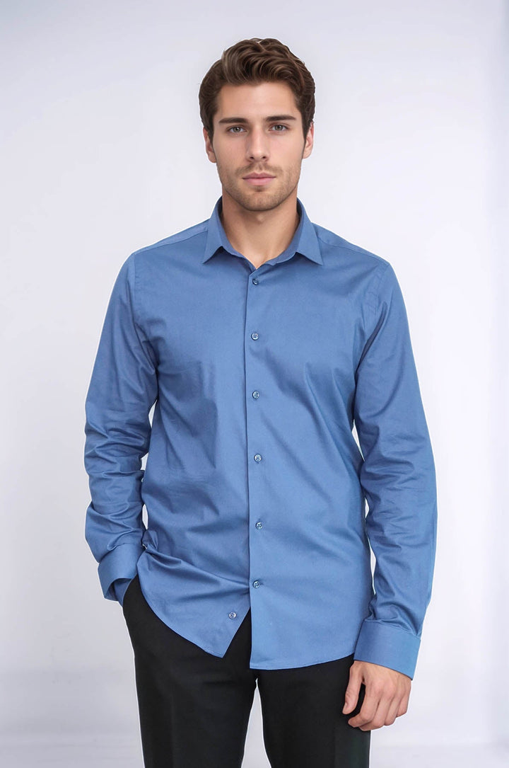 WSS Long Sleeve Slim-Fit Navy Blue Men Shirt  - Mainz