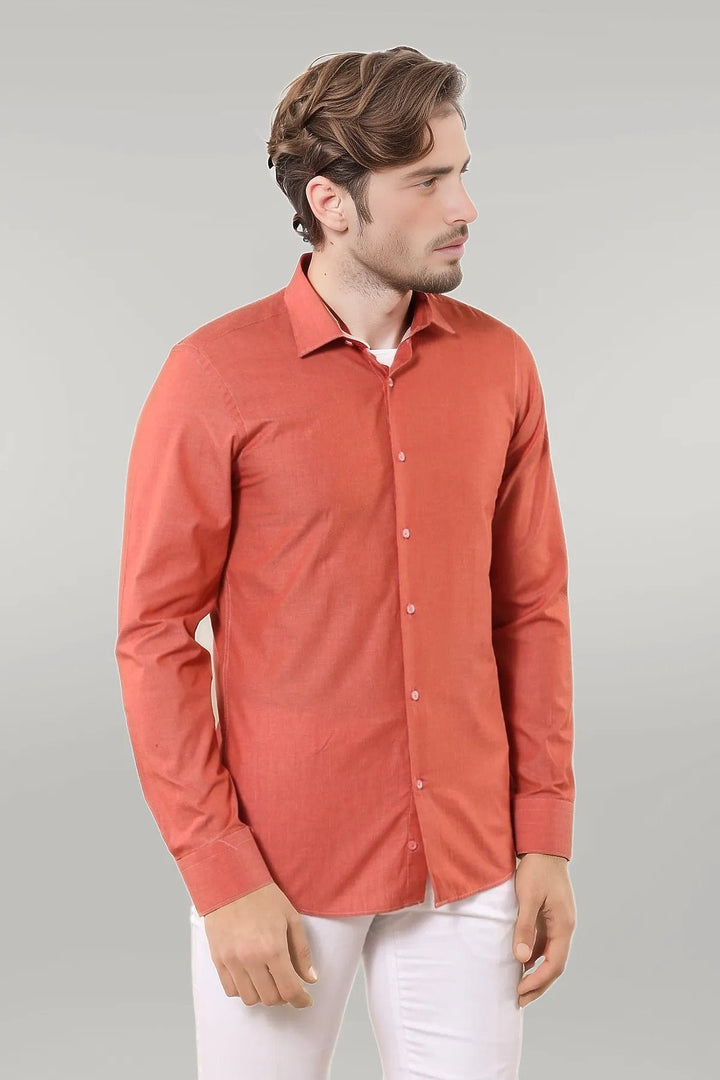 WSS Plain Slim Fit Long Sleeves Salmon Color Men Shirt  - Singen