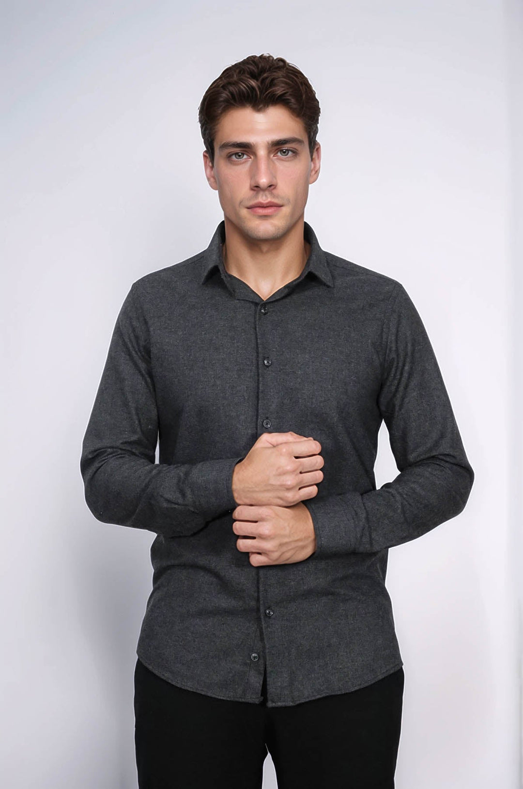 WSS Slim Fit Plain Dark Grey Men Lumberjack Shirt  - North Hempstead