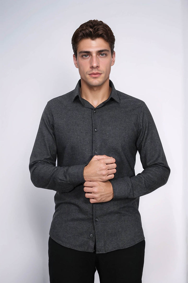 WSS Slim Fit Plain Dark Grey Men Lumberjack Shirt  - North Hempstead