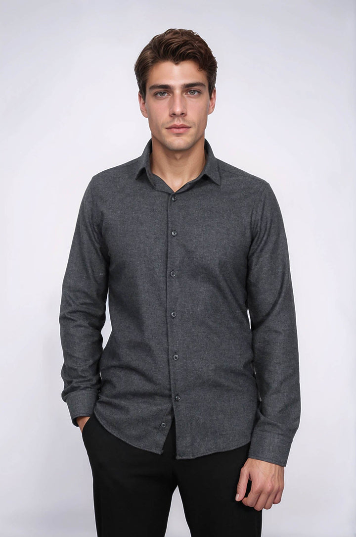 WSS Slim Fit Plain Dark Grey Men Lumberjack Shirt  - North Hempstead