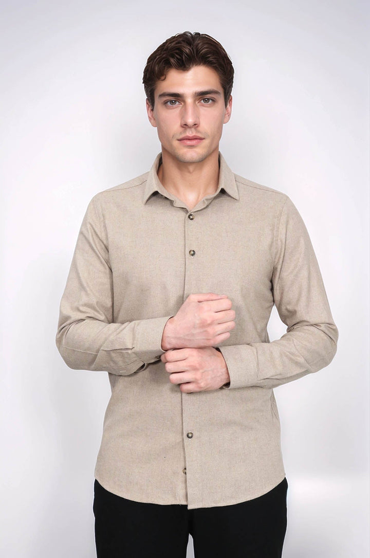 WSS Slim Fit Cotton Plain Beige Men Lumberjack Shirt  - Lower Hutt