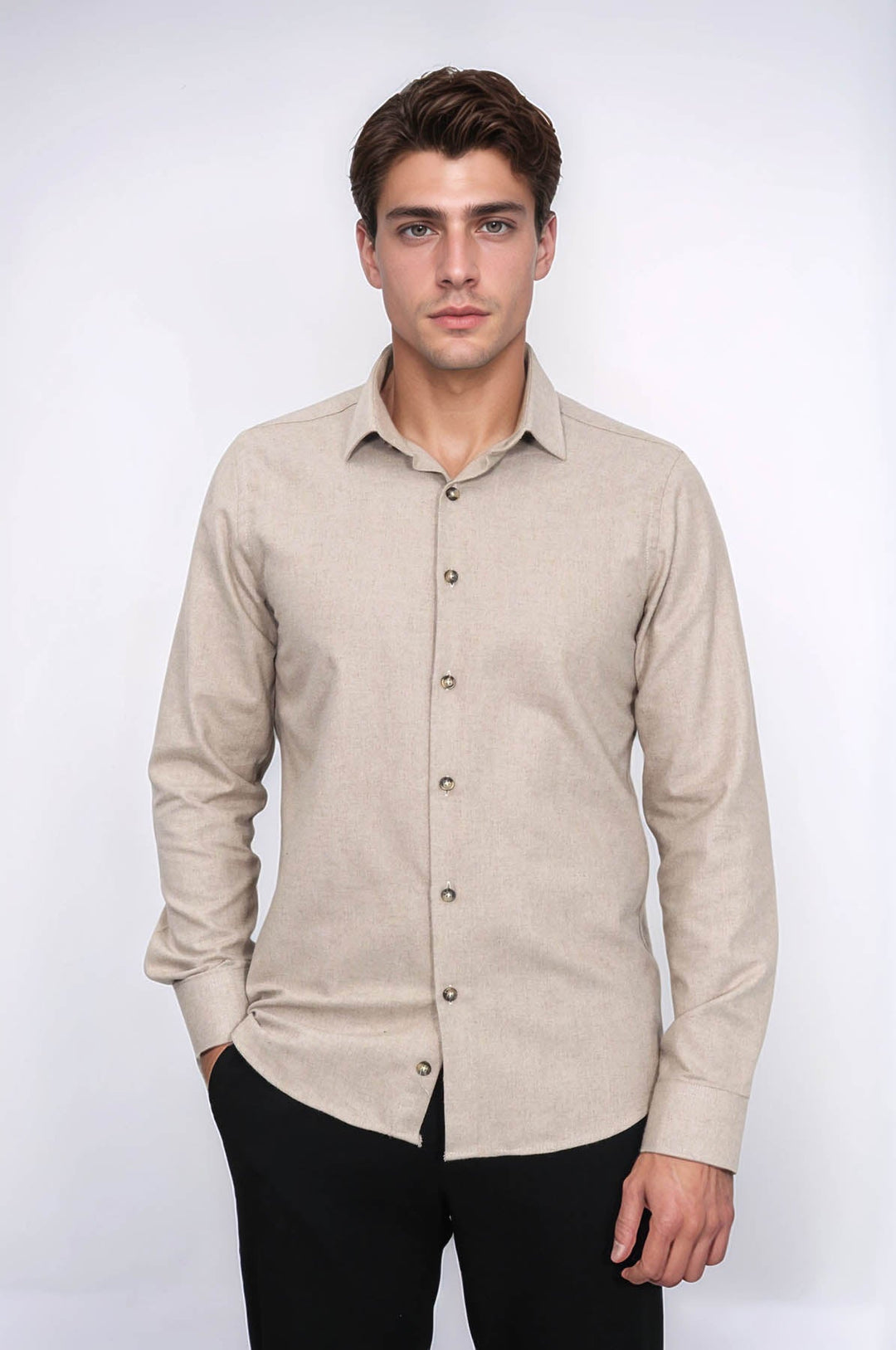 WSS Slim Fit Cotton Plain Beige Men Lumberjack Shirt  - Lower Hutt