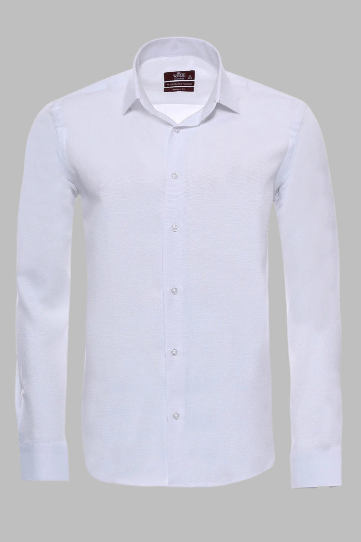 WSS Oxford Patterned Long Sleeves Slim Fit White Men Shirt  - Singen