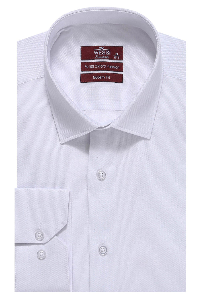 WSS Oxford Patterned Long Sleeves Slim Fit White Men Shirt  - Singen