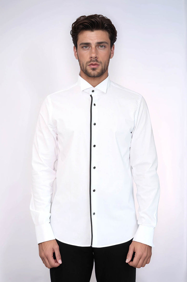 WSS Black Stripe Detailed White Men Tuxedo Shirt  - Saint-Priest