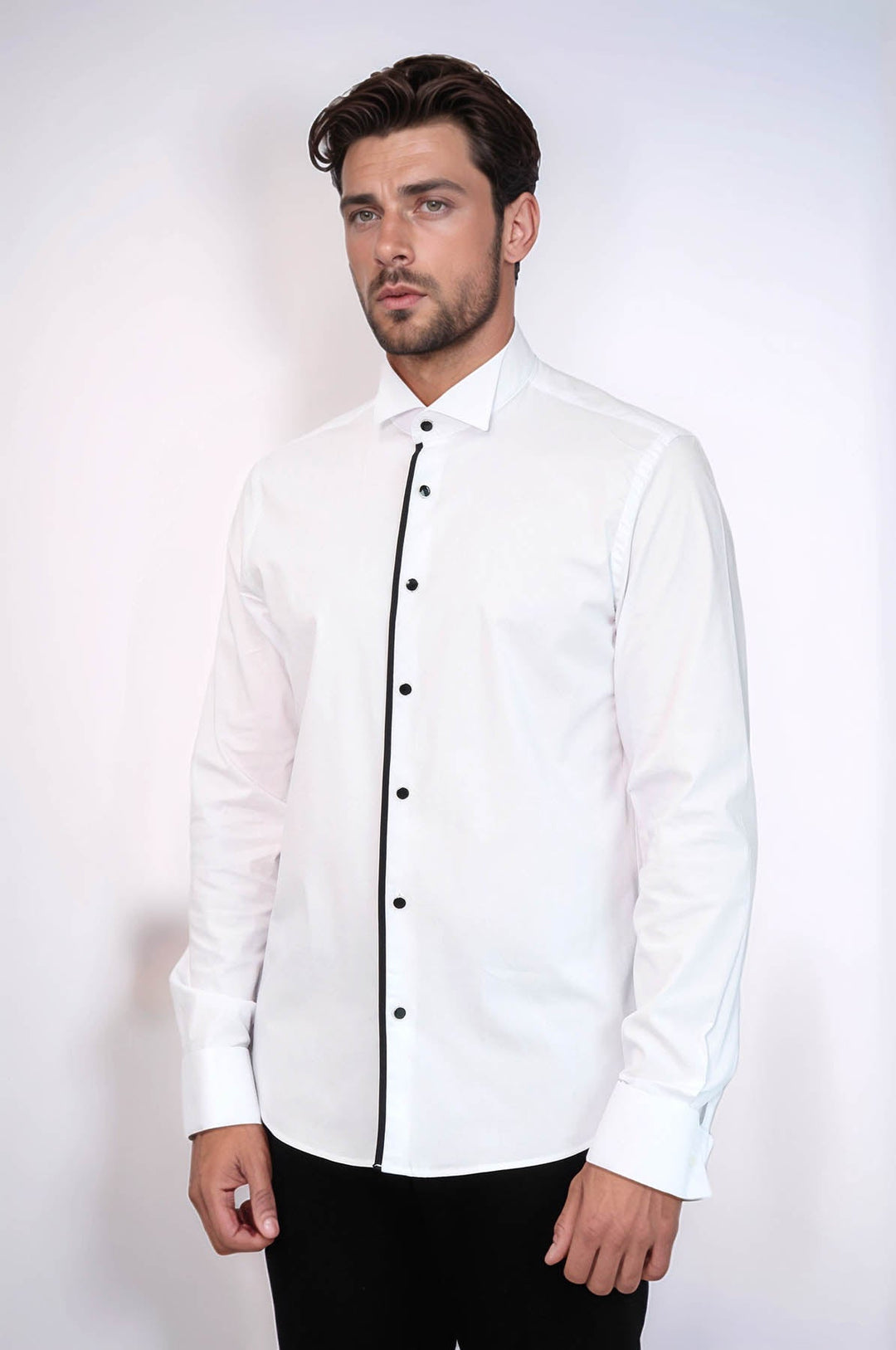 WSS Black Stripe Detailed White Men Tuxedo Shirt  - Saint-Priest