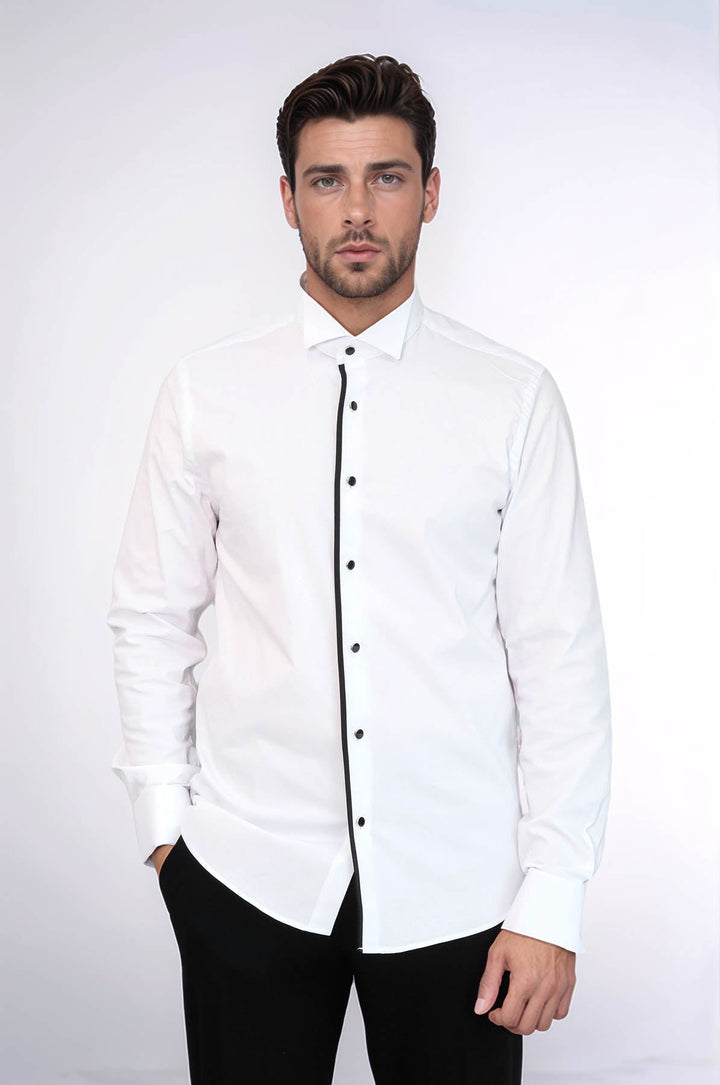 WSS Black Stripe Detailed White Men Tuxedo Shirt  - Saint-Priest