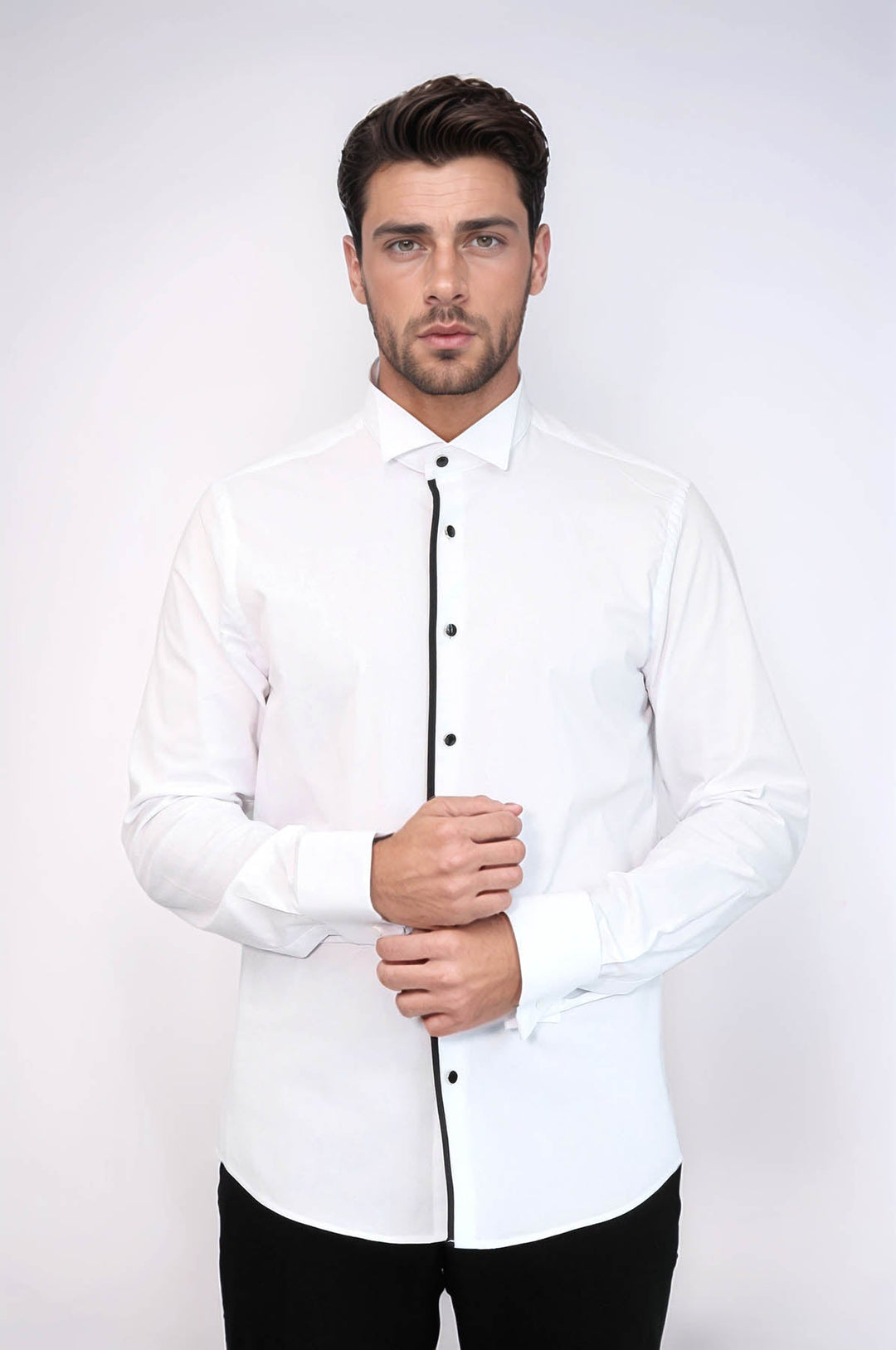 WSS Black Stripe Detailed White Men Tuxedo Shirt  - Saint-Priest