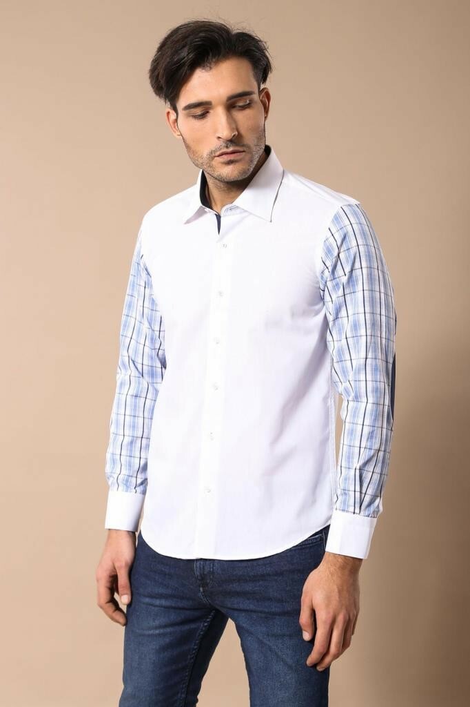 WSS Plaid Arm White Shirt- - Hoffman Estates