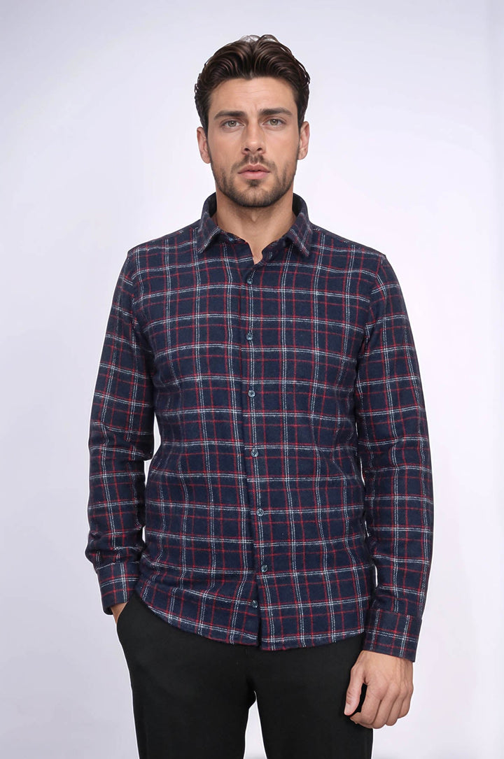WSS Thick Patterned Navy Blue Men Lumberjack Shirt  - Des Plaines